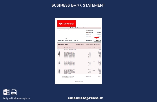 modello di modello Word e PDF dell'estratto conto della società Santander Bank i